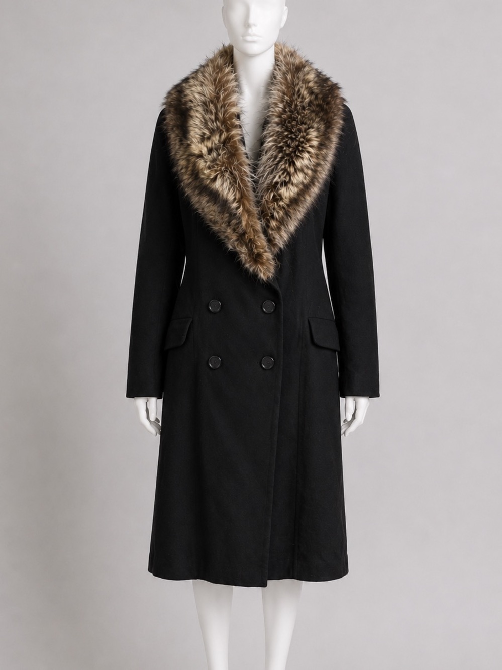 Studio by Searle Black Wool Angora Coat Fox Fur Collar S Classic